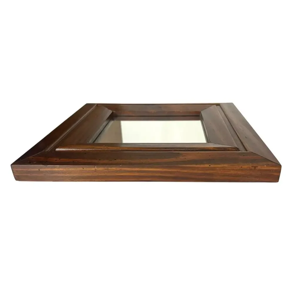 Vintage Wall Mirror Square Solid Wood Frame Brown 11” x 11” MCM Cottage Decor